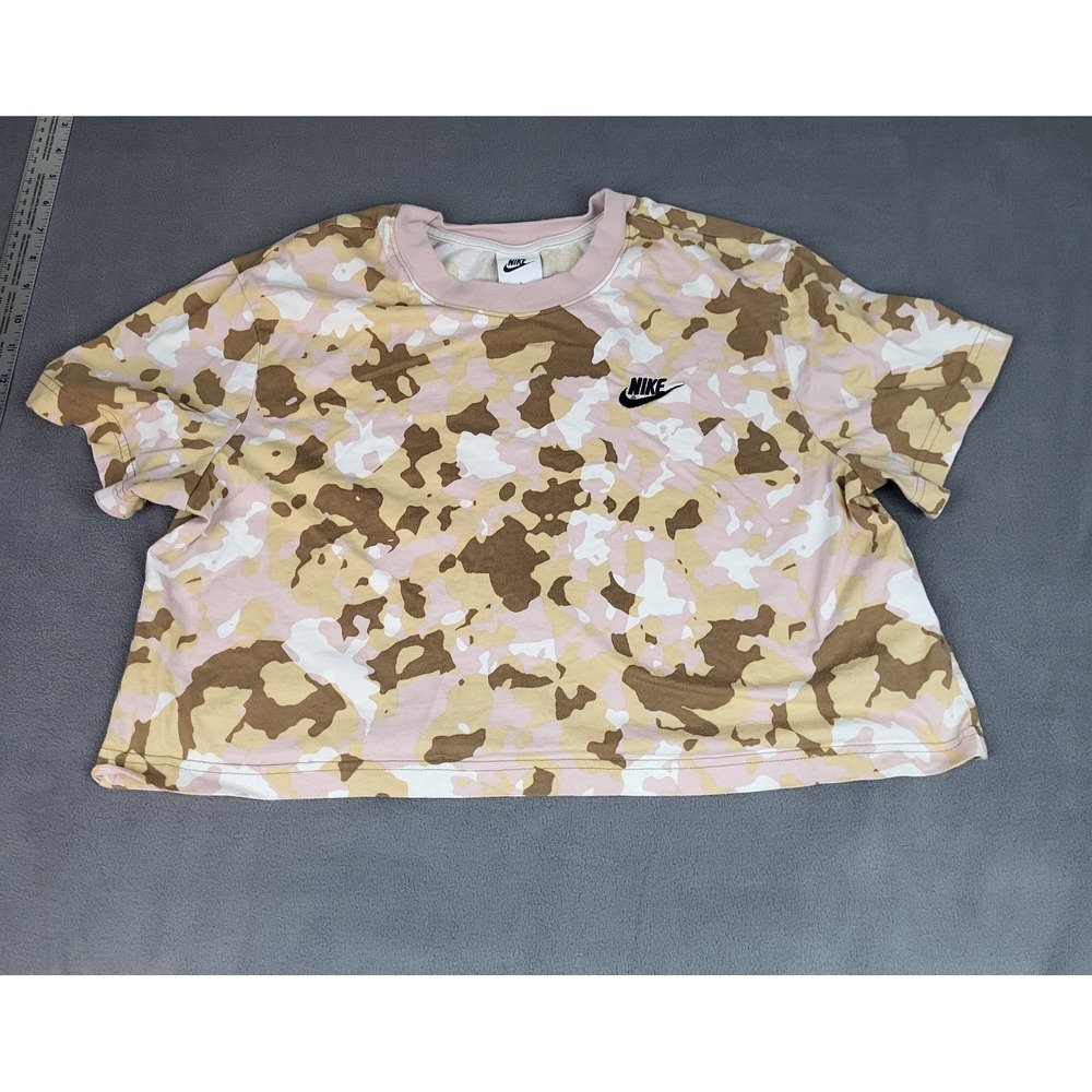 Nike Camo Crop Top Shirt Womens‎ Large Pink Lightweight Stretch Crew Neck Sport